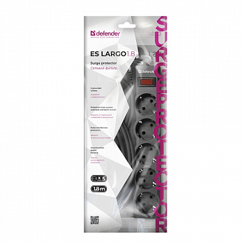 Сетевой фильтр Defender ES LARGO - 1.8 М, 5 розеток, черный Сетевой фильтр Defender ES LARGO - 1.8 М, 5 розеток, черный